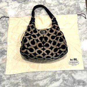 Coach Black and Cream Patterned Hobo Bag